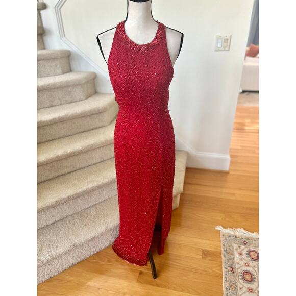Vintage Y2K Cache Silk Red Beaded Backless Maxi Slit Gown - Picture 1 of 12
